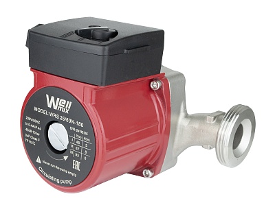 Насос цирк. WRS 25/60-180 N (нерж.) DN25, PN10, Qmax=3,3 м3/ч, Hmax=6м, Tmax=110°С, 220В, 100Вт, 3-скор., с гайками (17109980) Wellmix